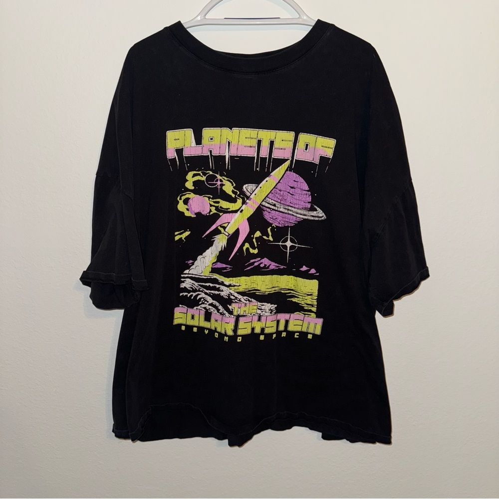 Black Graphic Tee with Planets Design